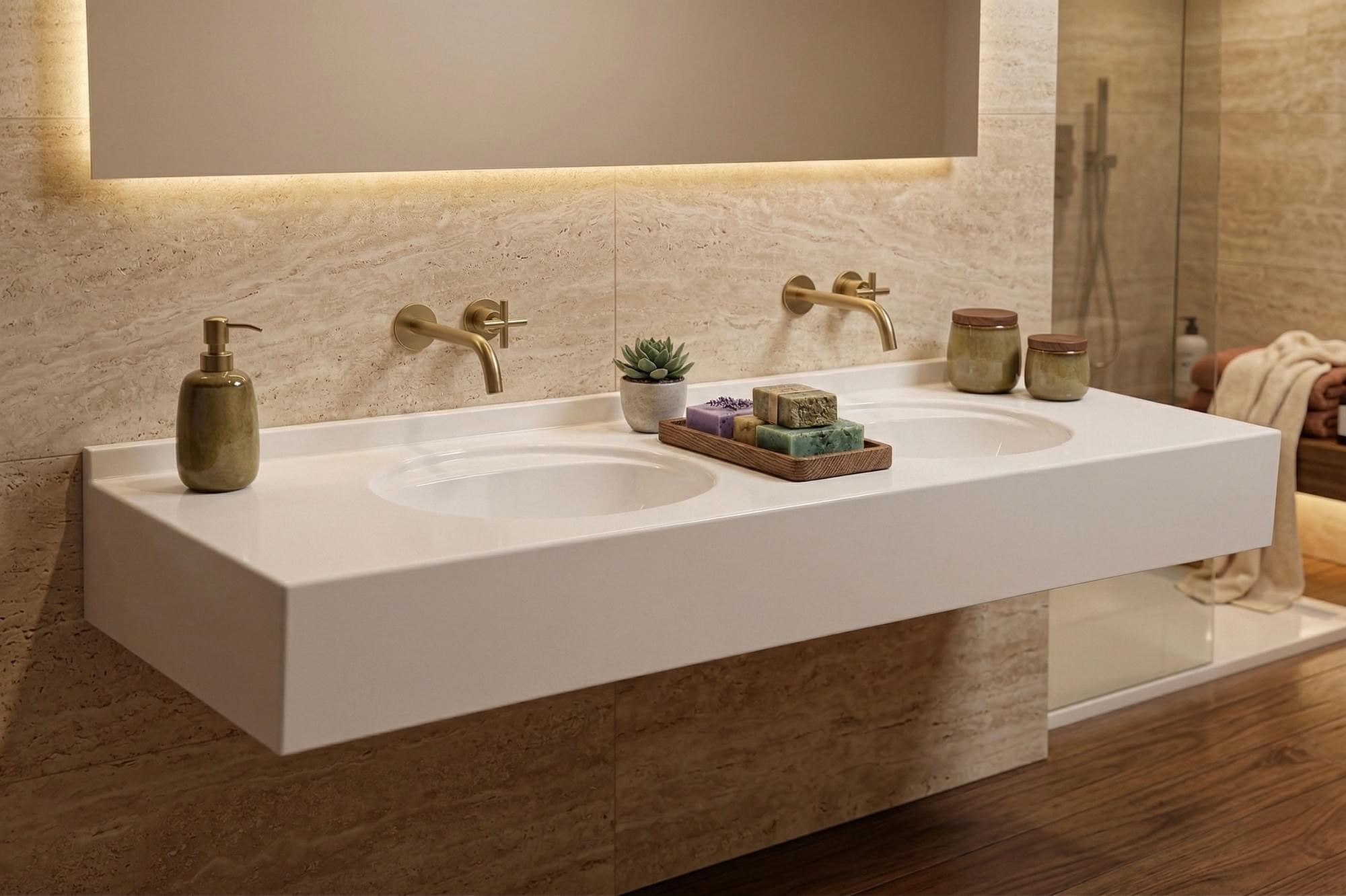 Contemporary Bluestone bathroom with a double vanity top